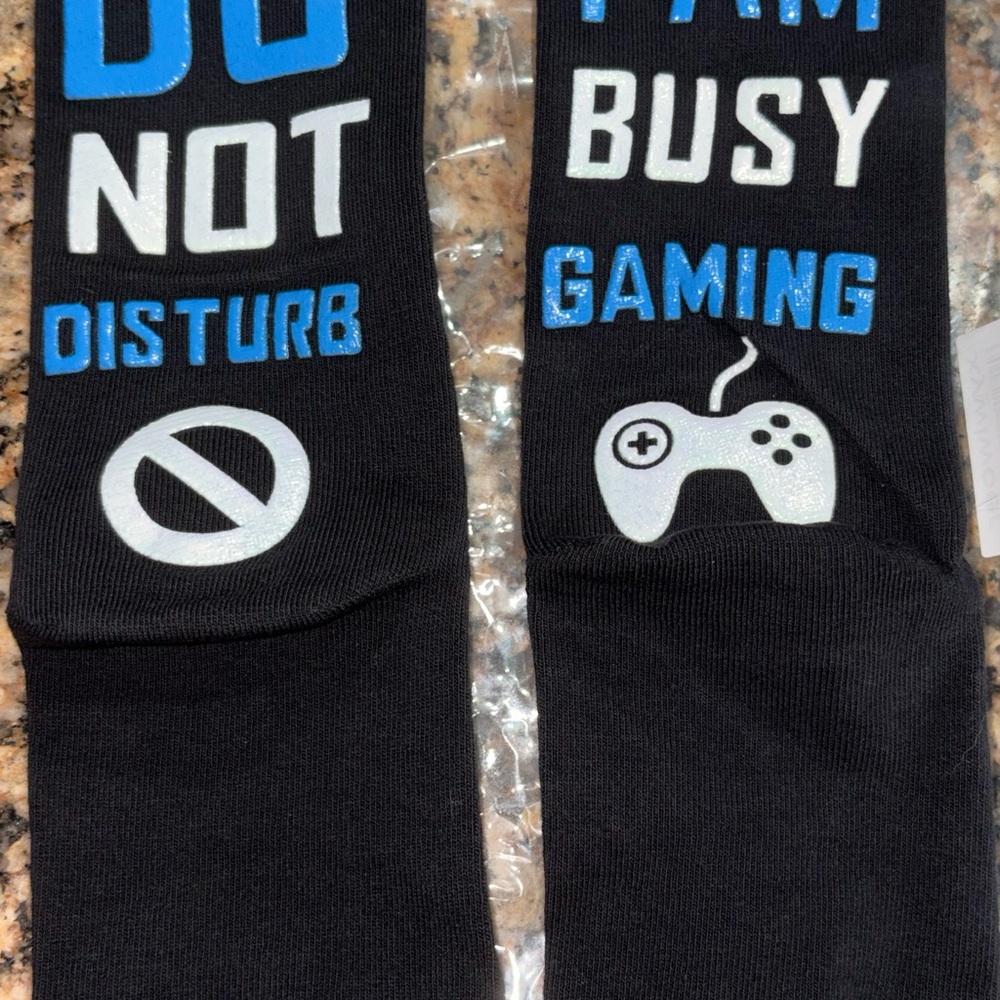Black Gaming Socks with Blue and White Text NEW